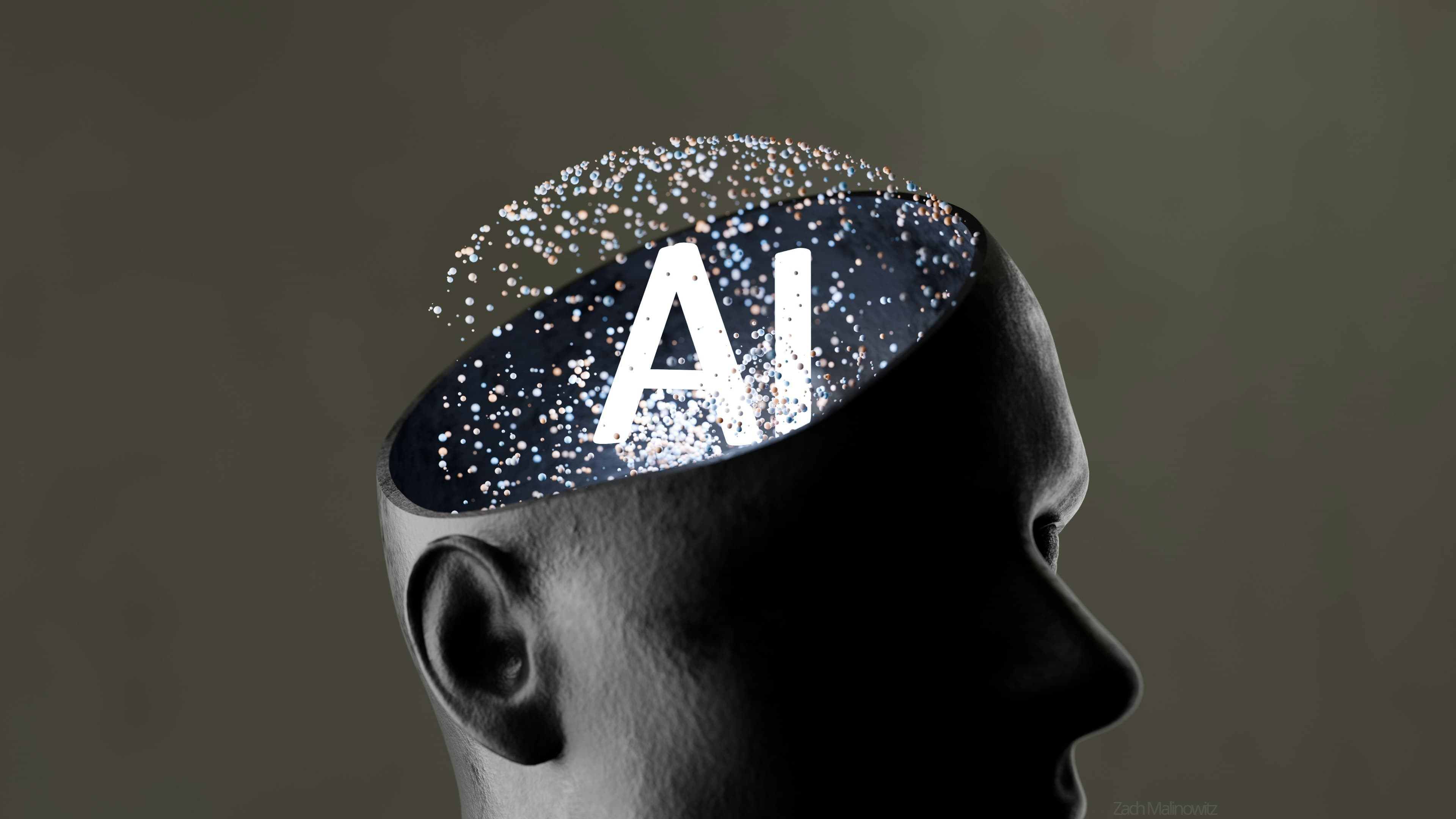 A sculpted head in profile, the letters AI glowing among drifting particles inside its open cranium